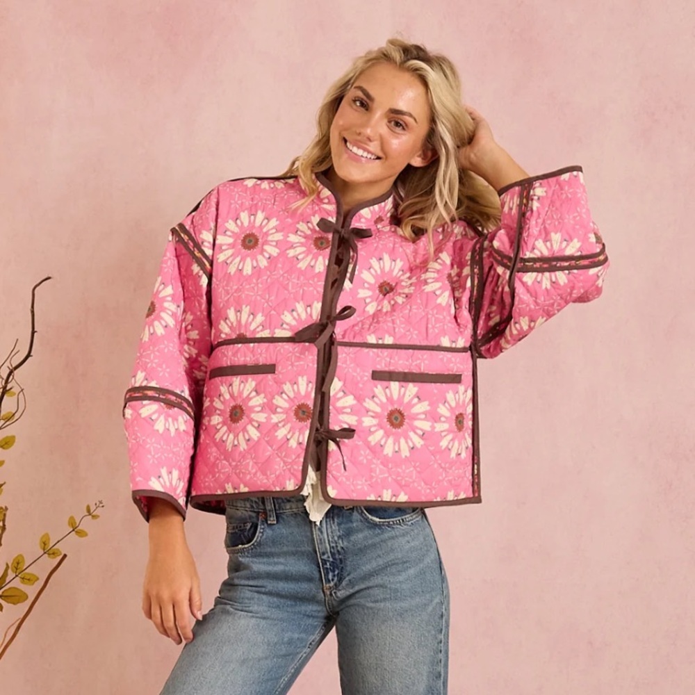 Eloise Reversible Quilted Jacket - Wildflower Pink S/M tie fronts 4 open pockets